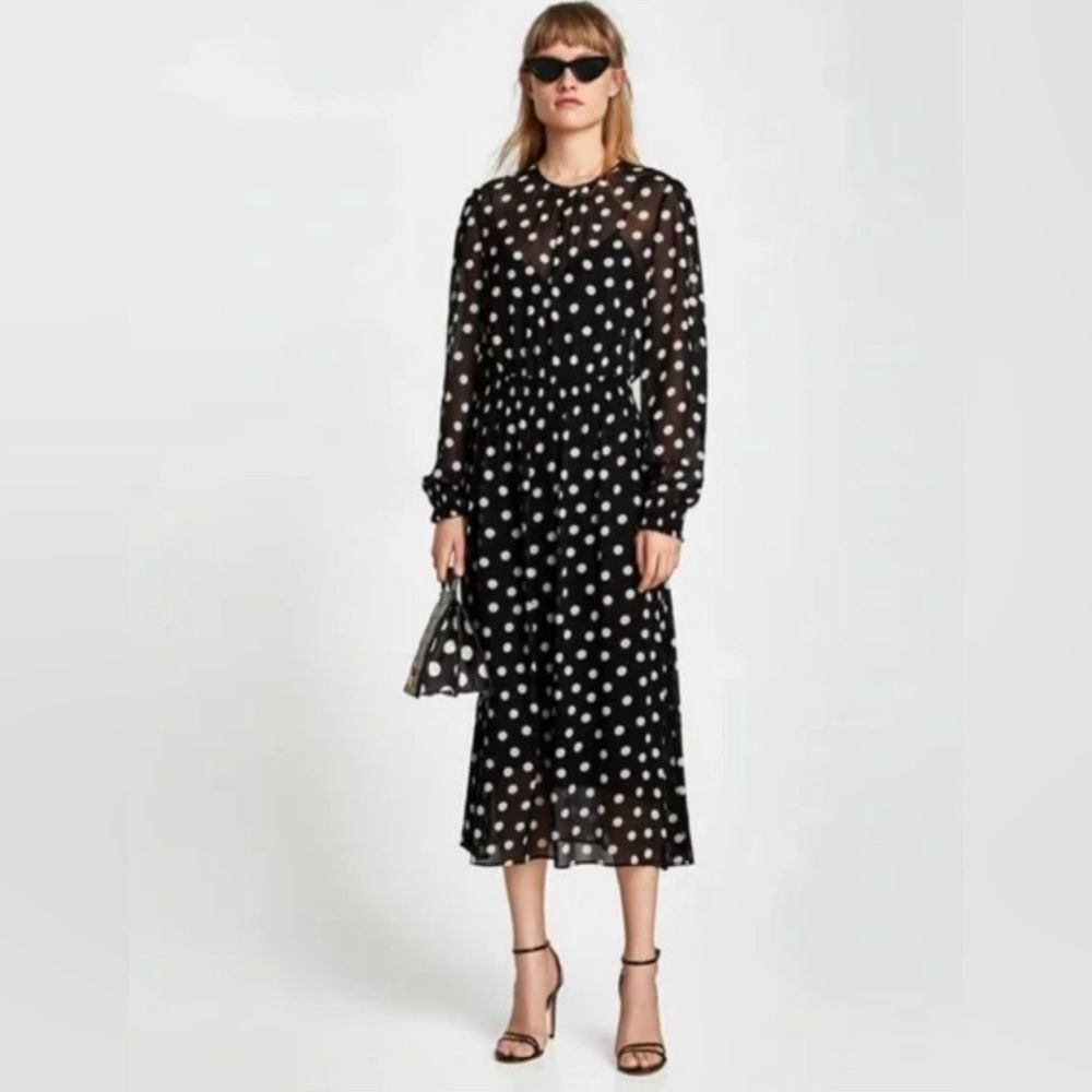 ZARA BLACK AND WHITE POLKA DOT MIDI DRESS